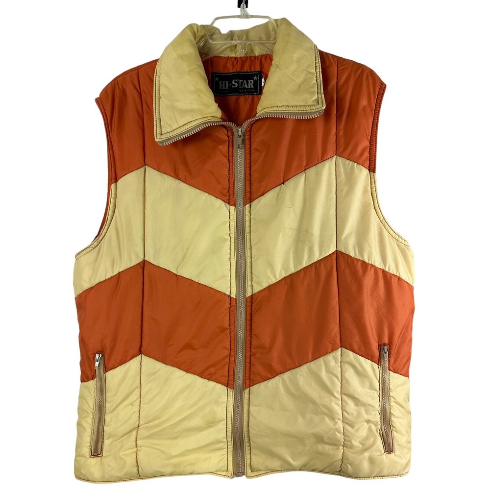 Hi Star Chevron Puffy Vest Mens Sz L Vintage Zip Pockets Collar Zig Zag